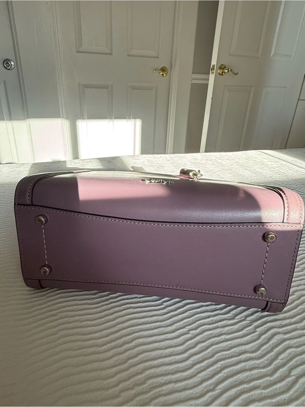 Coach Zoe Carryall Lilac Leather Satchel with Silver Padlock Charm